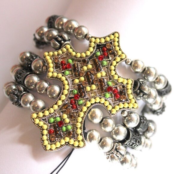 Bohemian Multicolor Crystal Beaded Cross Silver Chunky Wide Stretch Bracelet NWT - Picture 1 of 9